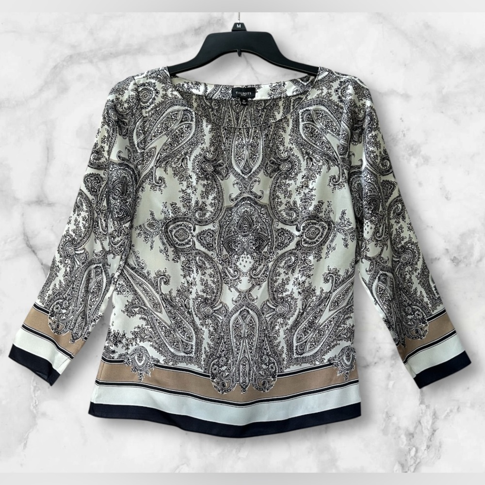 Talbots Silky Black White Tan Paisley Boho Floral Print Blouse Top Size 2P